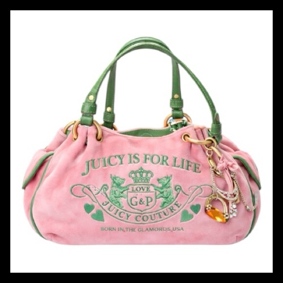 🌸 Juicy Couture Pink & Green “Juicy Is For Life” Hobo Bag Y2K Velour 🧃 - Picture 13 of 13